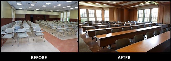 Before and after pictures of Cathedral of Learning classroom renovations in 2016