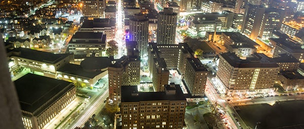 University of Pittsburgh campus at night aerial view