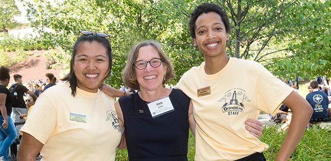 Provost Ann Cudd with students at freshman convocation
