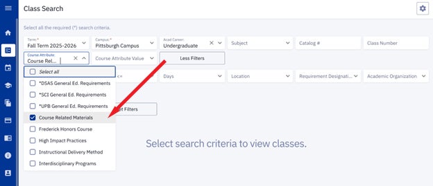 After filling in the information fields in the Class Search screen, Course Related Materials is an option under the Course Attribute dropdown.