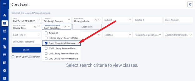 Open Educational Resource is an option in the Class Search Course Attribute Value dropdown.
