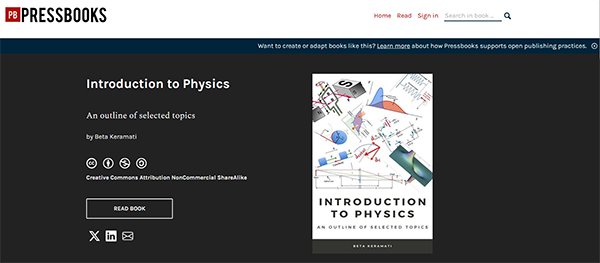 View of Introduction to Physics resource page on Pressbooks platform.