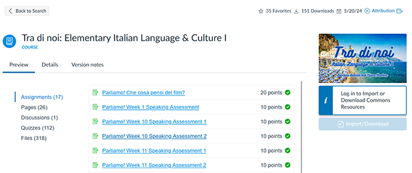 Preview page showing list of assignments for the Elementary Italian Language course on Instructur platform.