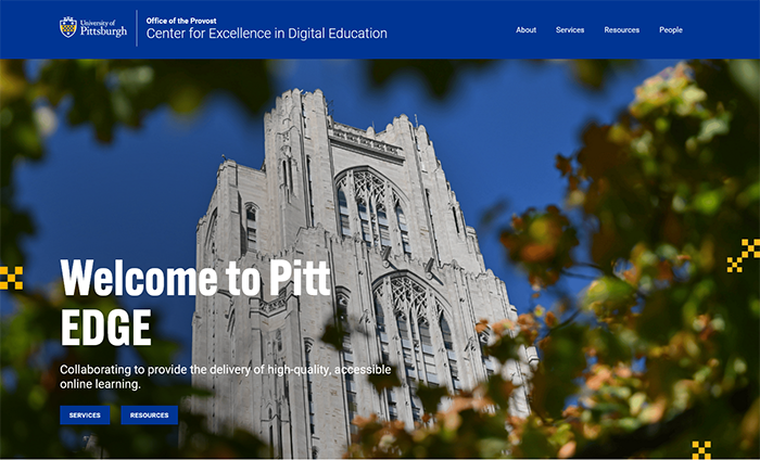 Website home screen reads "Welcome to Pitt EDGE: Collaborating to provide the delivery of high-quality, accessible online learning."
