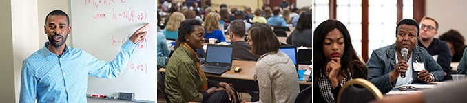 three photos showing faculty at front of classroom or attending faculty event