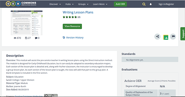 Screenshot of Writing Lesson plans resource page on OER Commons shows information like Description, Tags, Evaluations.