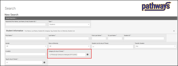 Advanced Search page highlighting the Category (In Any of these) filter used to select a campus or academic level as the starting point.