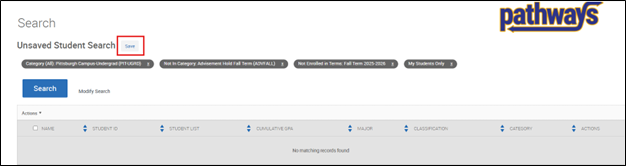 Search results page highlighting the Save Search button used to save an advanced search.