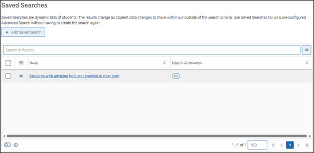 Saved Searches page displaying a list of saved advanced searches that can be viewed or updated.