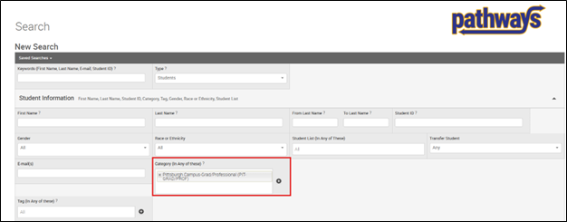 Advanced Search page showing an alternate campus or academic level selected in the Category (In Any of these) filter.