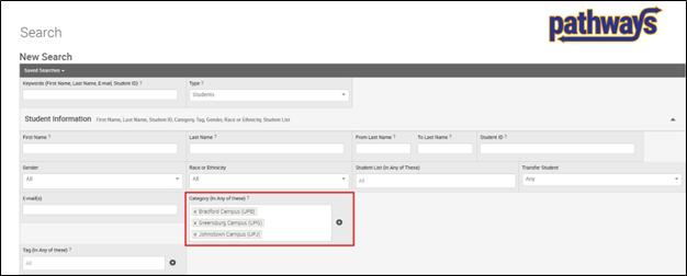Advanced Search page displaying regional campus options selected within the Category (In Any of these) filter.