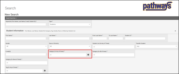 Advanced Search page highlighting the Category (In Any of these) filter to include students from multiple campuses or academic levels.