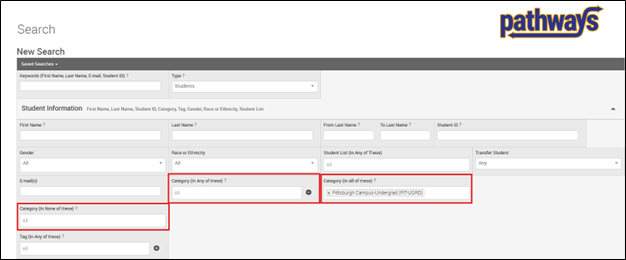 Advanced Search page highlighting additional Category filters across In Any of these, In All of these, and In None of these sections.