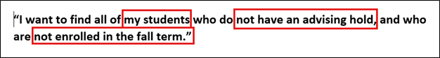 Example sentence illustrating how to plan an advanced search by identifying student criteria, such as advising holds and enrollment status.