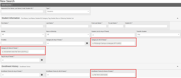 Advanced Search page showing multiple filters applied across category and enrollment history sections to build a targeted student list.