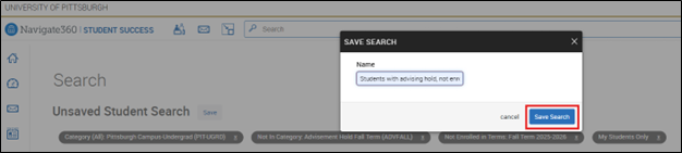 Save Search dialog box showing the field to name a saved search and the Save Search button.
