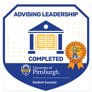 The Advising Leadership badge features the edifice of a classical style building with columns enclosing the representation of an open book. It also includes a gold ribbon and the University of Pittsburgh shield with Student Success subrand.