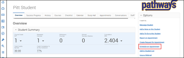 A screenshot of a student profile on Pathways with the "Schedule an Appointment" button highlighted in the Options container.