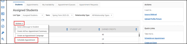 A screenshot of a student profile on Pathways with the "Schedule an Appointment" button highlighted in the Options container.