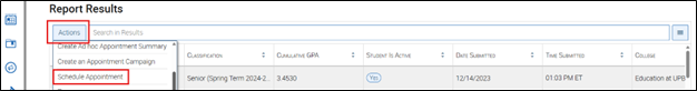 A screenshot from the Report Results page of Pathways highlighting the Actions button and Schedule Appointment button.