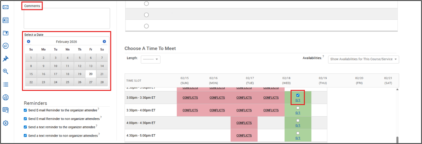 A screenshot of the appointments page highlighting a comments box, a calendar to select a date, and a checkbox to click a time to meet.