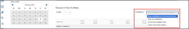 A screenshot of the appointments page highlighting the Availabilities drop down menu with the following options: Show Availabilities for This Course/Service, Show All Availabilities, Unlock Non-Available Times, Unlock Times With Conflicts.