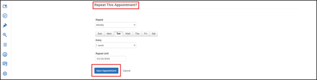 A screenshot of the "Repeat This Appointment?" settings. A blue "Save Appointment" button appears at the bottom.
