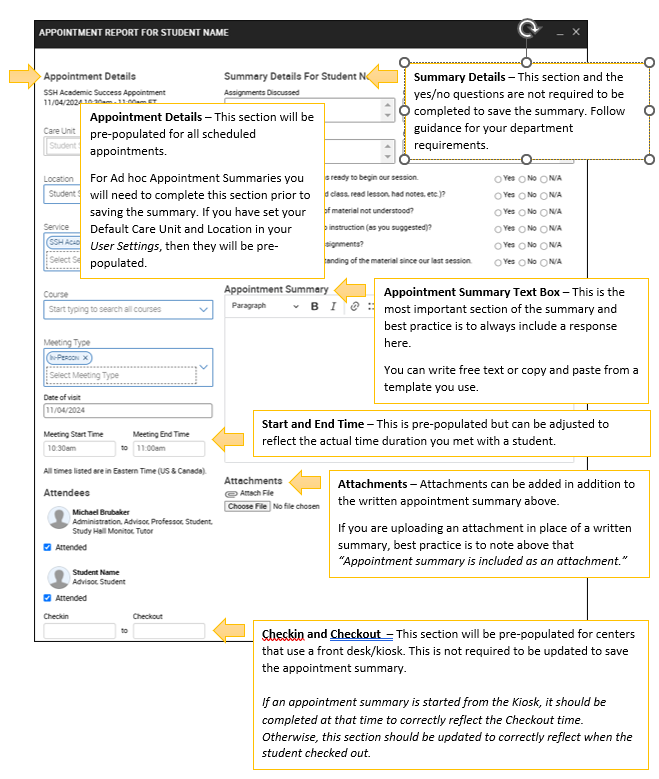 Screenshot of the Appointment Report page with callouts defining sections, included in text below.