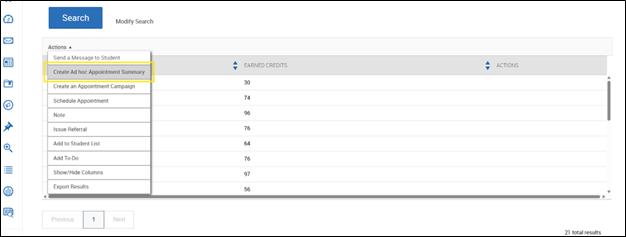 A screenshot of an advanced search with the Create Ad hoc Appointment Summary button highlighted from the Actions dropdown menu.