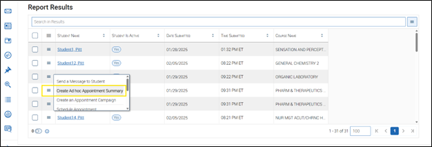 A screenshot of report results with the Create Ad hoc Appointment Summary button highlighted from the hamburger menu.