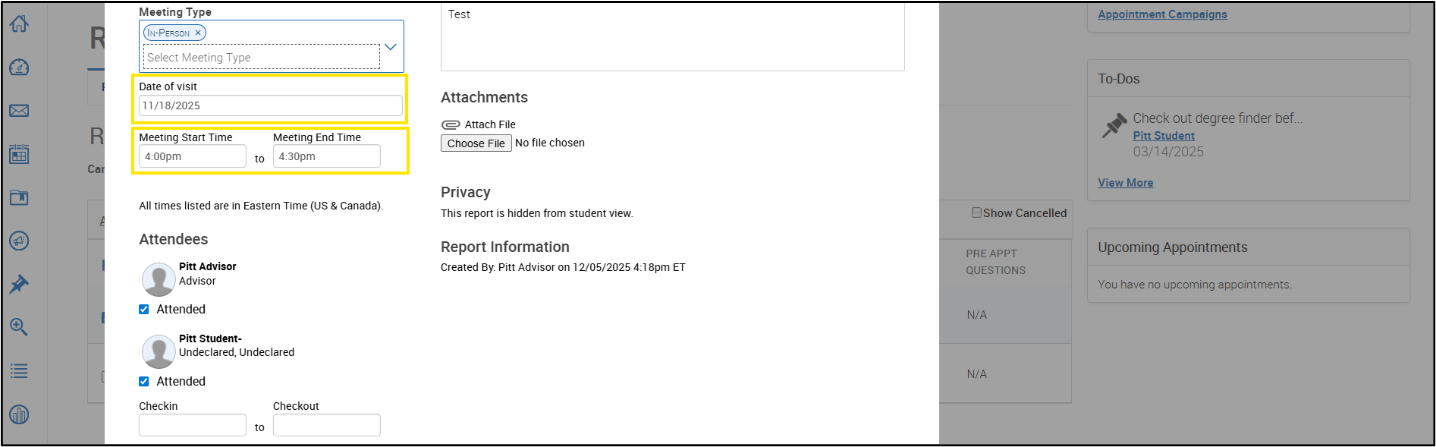 Screenshot of appointment report for a student with Date of Visit and Meeting Start and End Time fields highlighted.