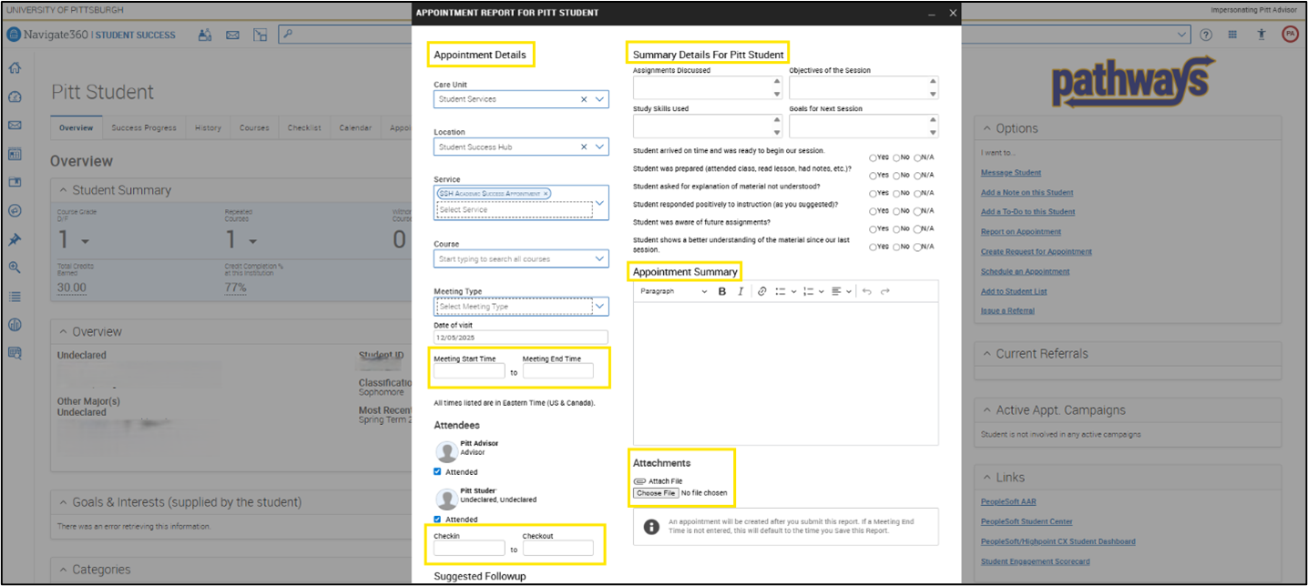 A screenshot of an Appointment Report in Pathways. Highlighted in yellow include the following parts of the appointment report: Appointment Details, Summary Details, Appointment Summary Text Box, Start and End Time, Attachments, and Checkin and Checkout.