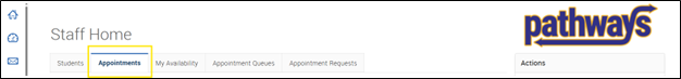 A screenshot of the Staff Home on Pathways with the Appointments tab highlighted.