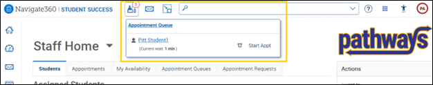 A screenshot of Pathways website highlighting the Appointment Queue and student who has checked in.