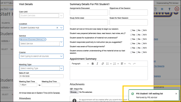 A screenshot of Pathways showing the Appointment Summary and highlighting the notification that a student has left the waiting list queue.