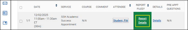 A screenshot of a recent appointment in Pathways with the Report Details button highlighted.