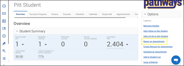 A screenshot of a student's page on pathways with the Report on Appointment button highlighted from the Options container.