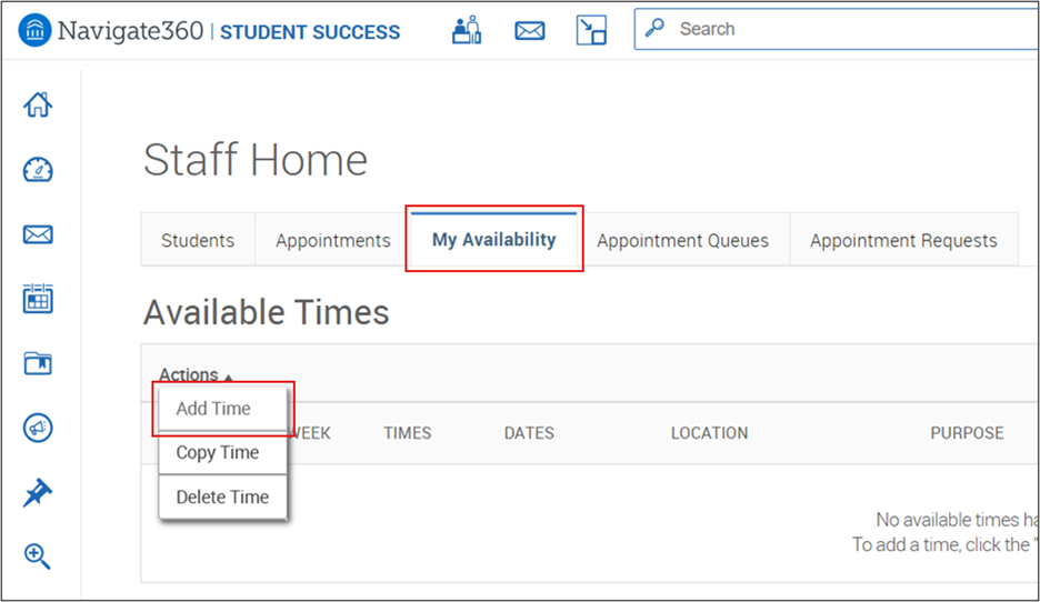 Staff Home page in Pathways with the My Availability tab selected and the Actions menu open showing Add Time.