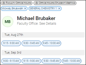 Screenshot of scheduling screen showing available times after two students have filled the allotment for the 9 a.m. time slot.