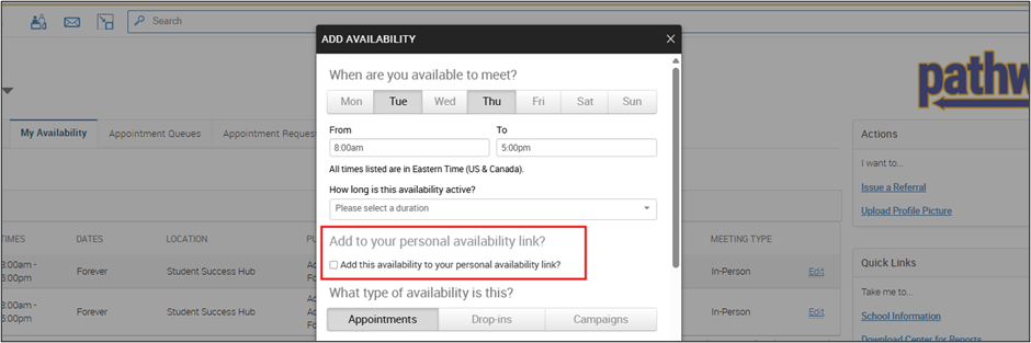 Add Availability window highlighting the checkbox labeled ‘Add to your personal availability link.’