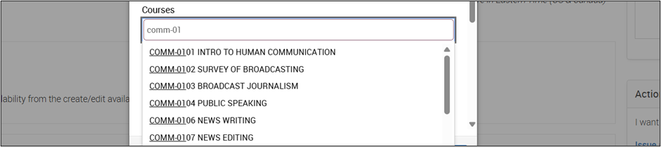 Screenshot of a dropdown menu displaying a list of communication courses with course subject and catalog number.