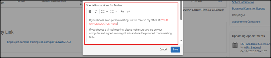 Add Availability window highlighting the 'Special Instructions for Student' text box.