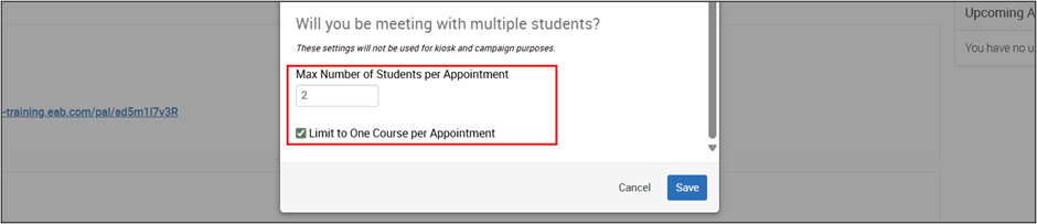 Add Availability window showing the field for Max Number of Students per Appointment set to two.