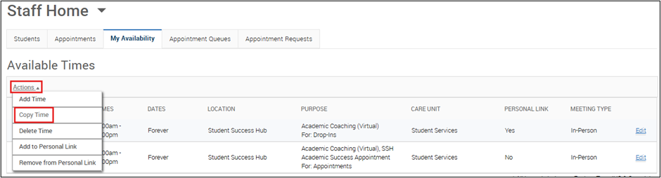 Available Times table with a checkbox selected and the Actions menu open showing the Copy Time option.