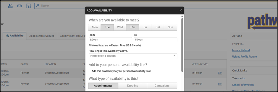 Add Availability window showing selectable days of the week, start and end times, and term options