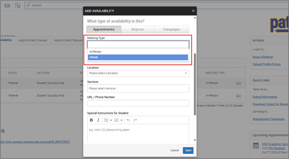 Add Availability window showing Meeting Type options with In Person and Virtual listed.