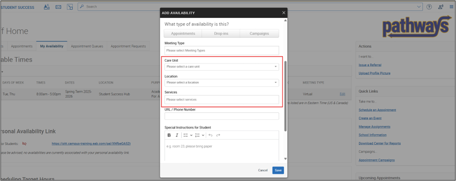 Add Availability window displaying dropdown fields for Care Unit, Location, and Services.