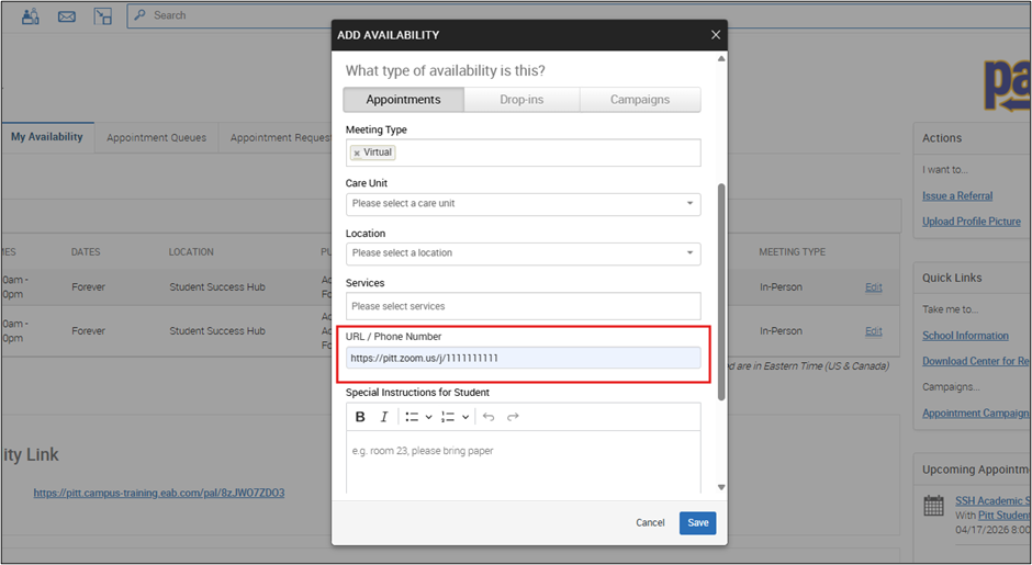 Add Availability window showing the URL or Phone Number field for a virtual meeting.