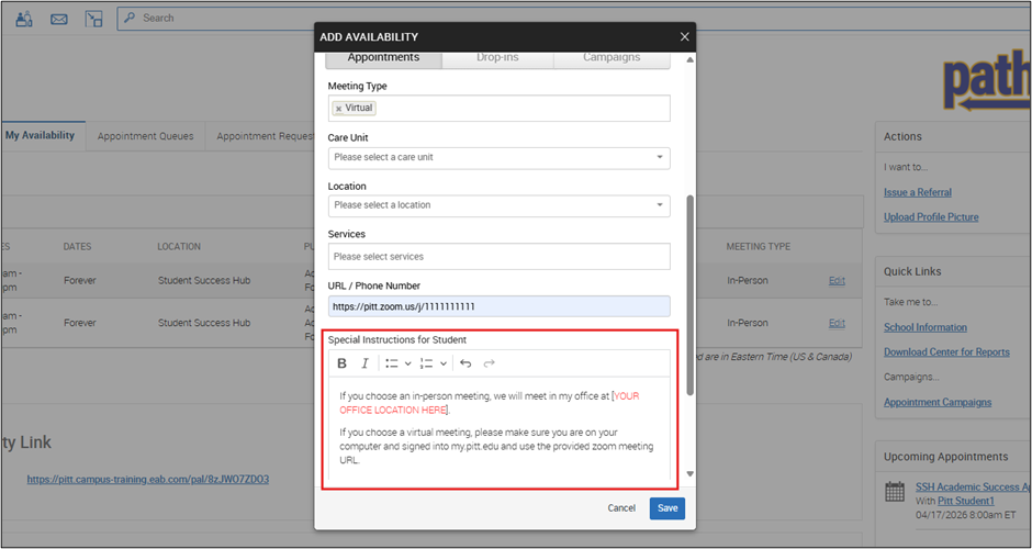 Add Availability window highlighting the 'Special Instructions for Student' text box.