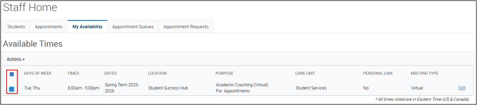 Checkboxes next to your existing availability are selected and highlighted under the Available Times section within the My Availability Tab.